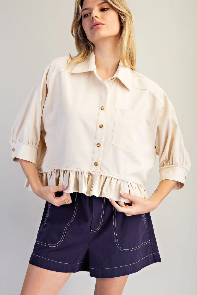 Ladies Button Down Half Sleeve Ruffle Hem Shirt TH15378