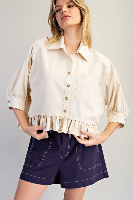Ladies Button Down Half Sleeve Ruffle Hem Shirt TH15378