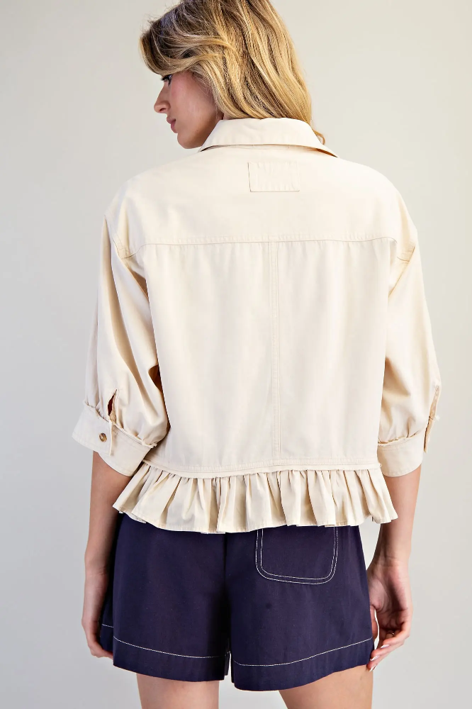 Ladies Button Down Half Sleeve Ruffle Hem Shirt TH15378
