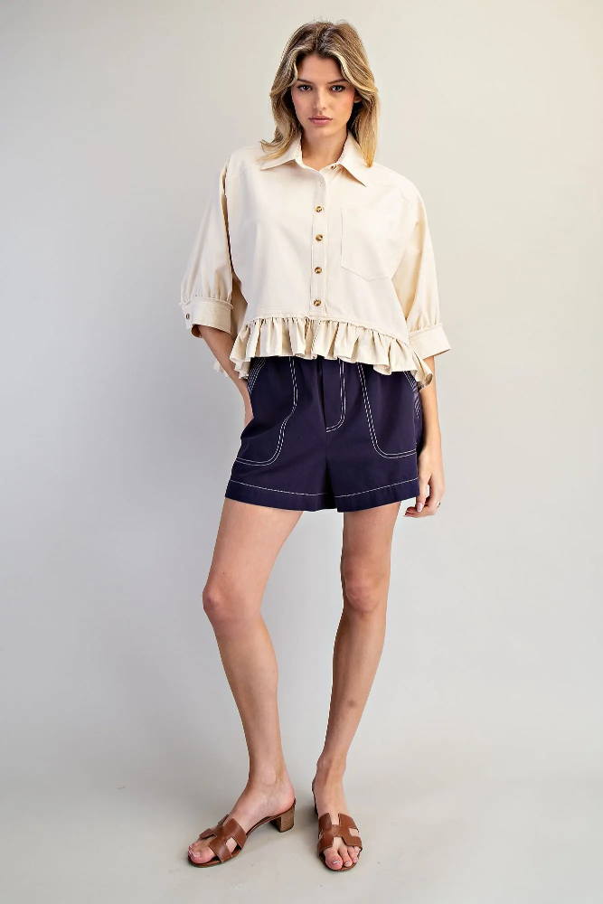 Ladies Button Down Half Sleeve Ruffle Hem Shirt TH15378