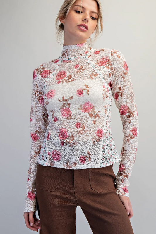 Mesh Floral Mock Neck Lace Top TH15750