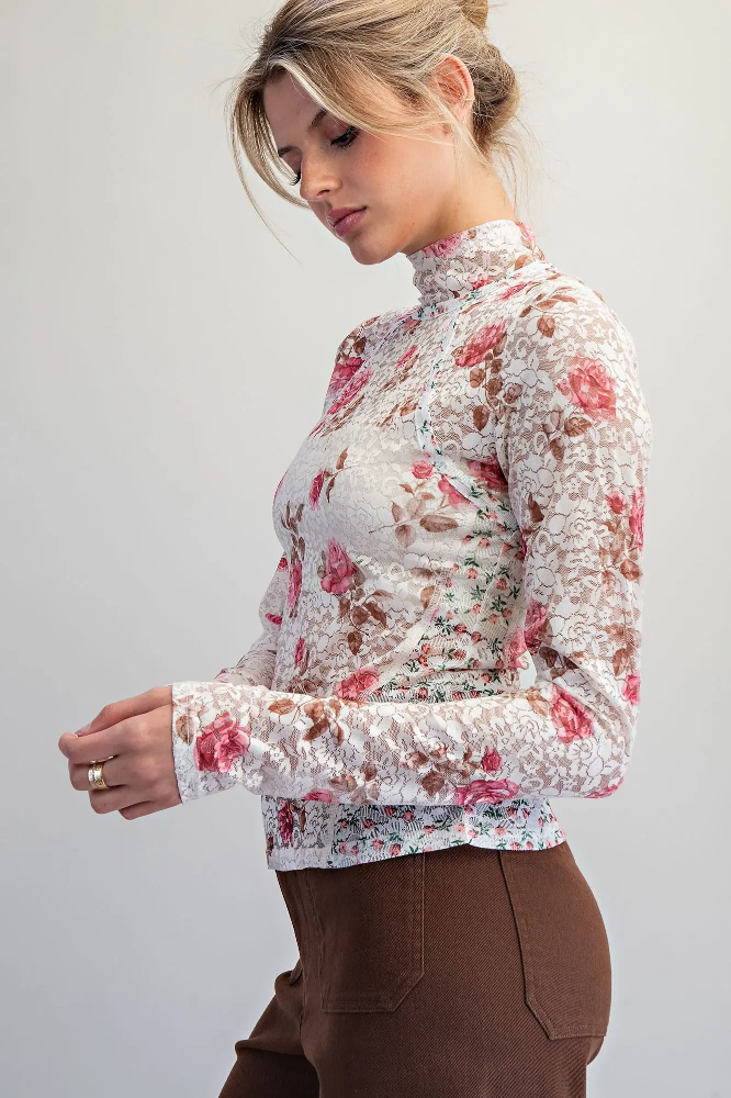 Mesh Floral Mock Neck Lace Top TH15750