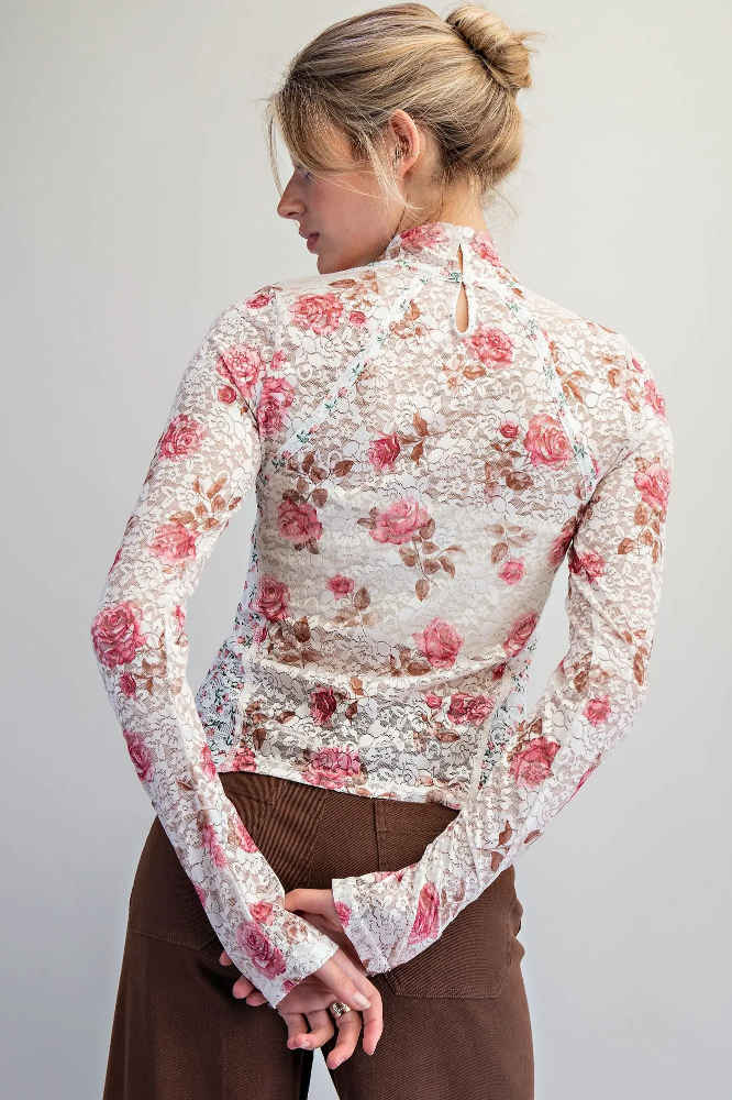 Mesh Floral Mock Neck Lace Top TH15750