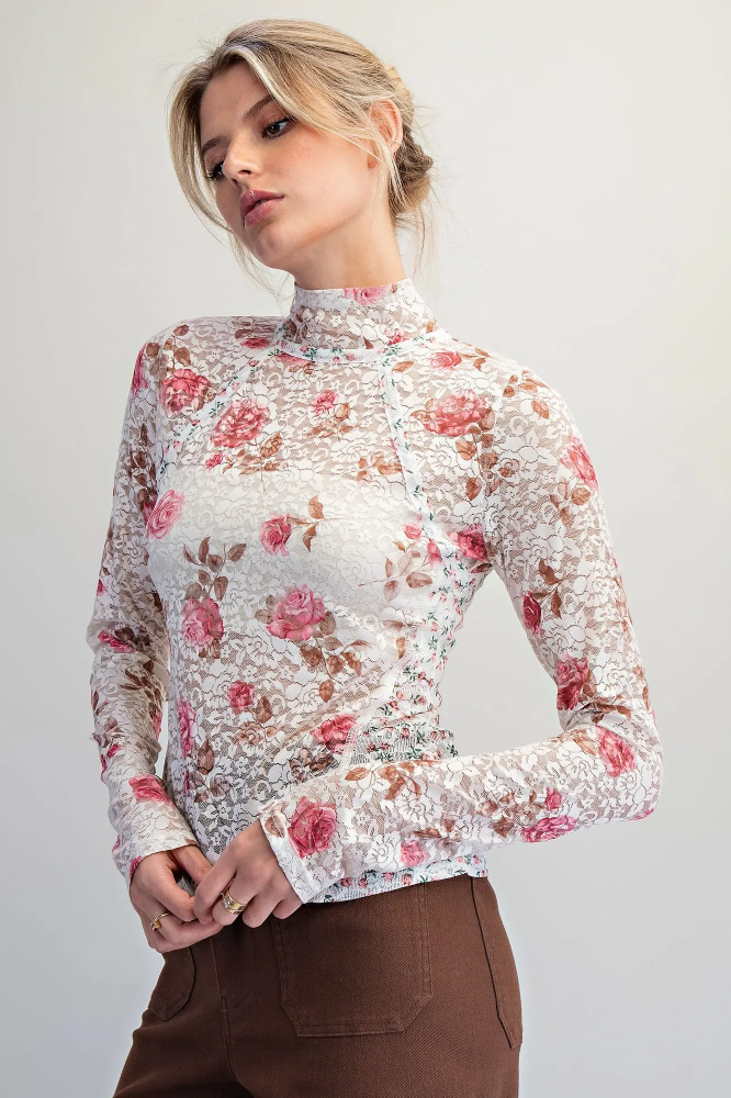 Mesh Floral Mock Neck Lace Top TH15750