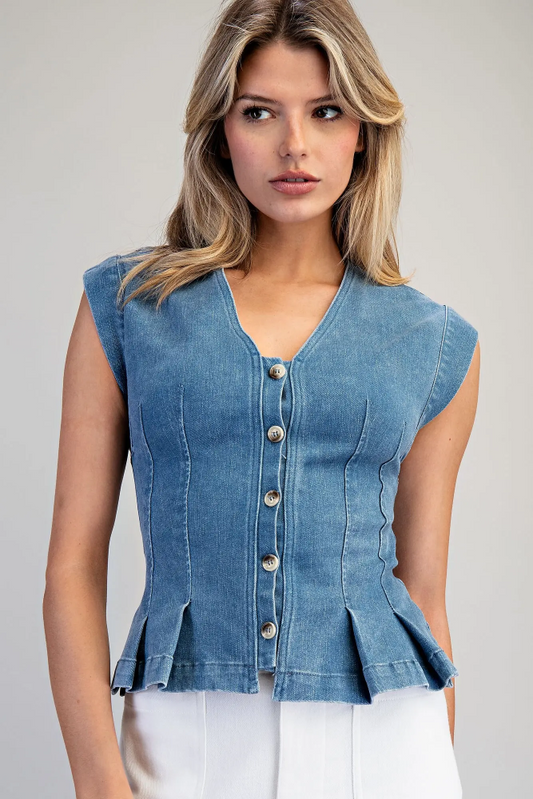 Ladies Pleated Button Down Cap Sleeve Denim Top TK14912