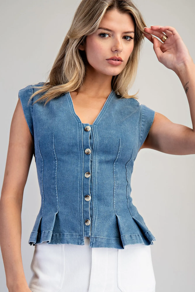 Ladies Pleated Button Down Cap Sleeve Denim Top TK14912