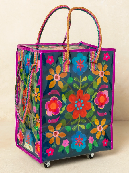 Rolling Tote Teal Folk Flower