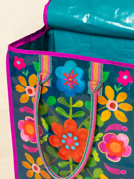 Rolling Tote Teal Folk Flower