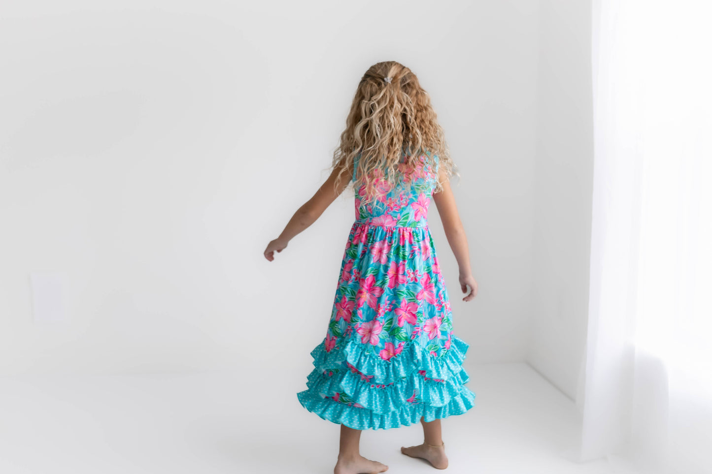 Kids Pink Blue Tropical 3 Ruffle Spring Summer Easter Dress 117522018