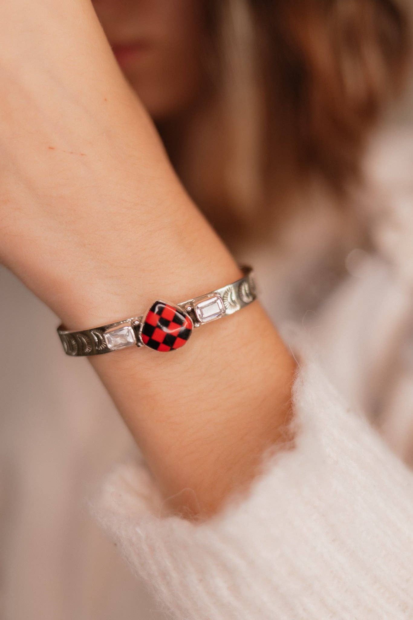 Red Checkered Teardrop & White CZ Cuff J-034