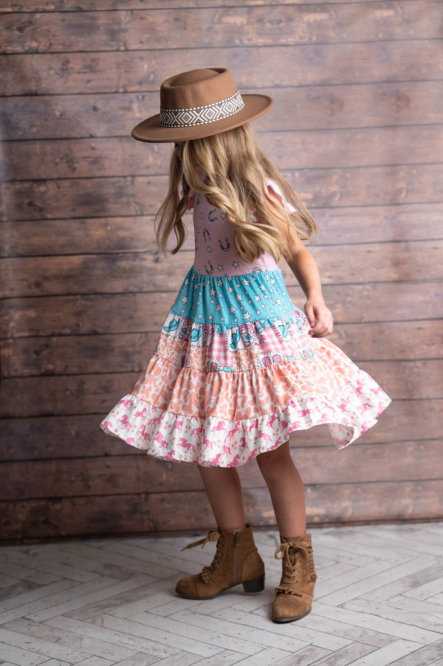 Girls Pink Blue Cowgirl Ruffle Tiered  Dress 26102100186