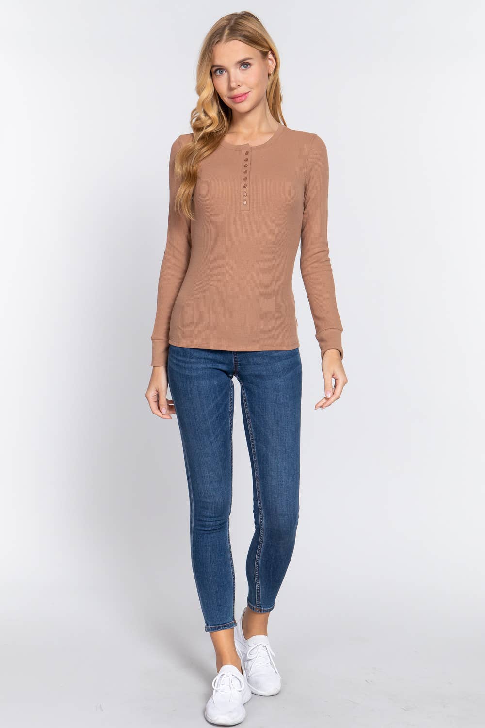 Long Sleeve Henley Thermal Knit Top T11757