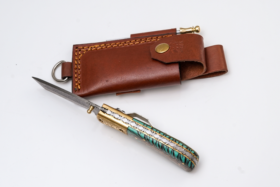 Hand-Forged Damascus Tanto Folder | Teal Pine Cone Handle with Engraved Brass Bolster & Fire Starter
