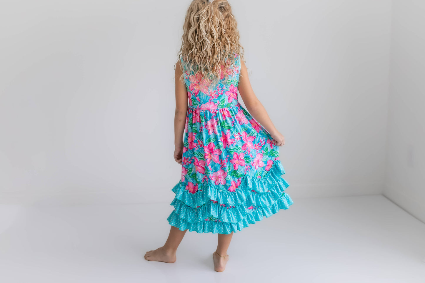 Kids Pink Blue Tropical 3 Ruffle Spring Summer Easter Dress 117522018