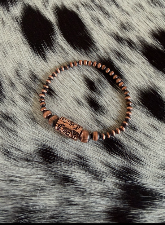 #234 Copper Stamped Barrel Bead bracelet 