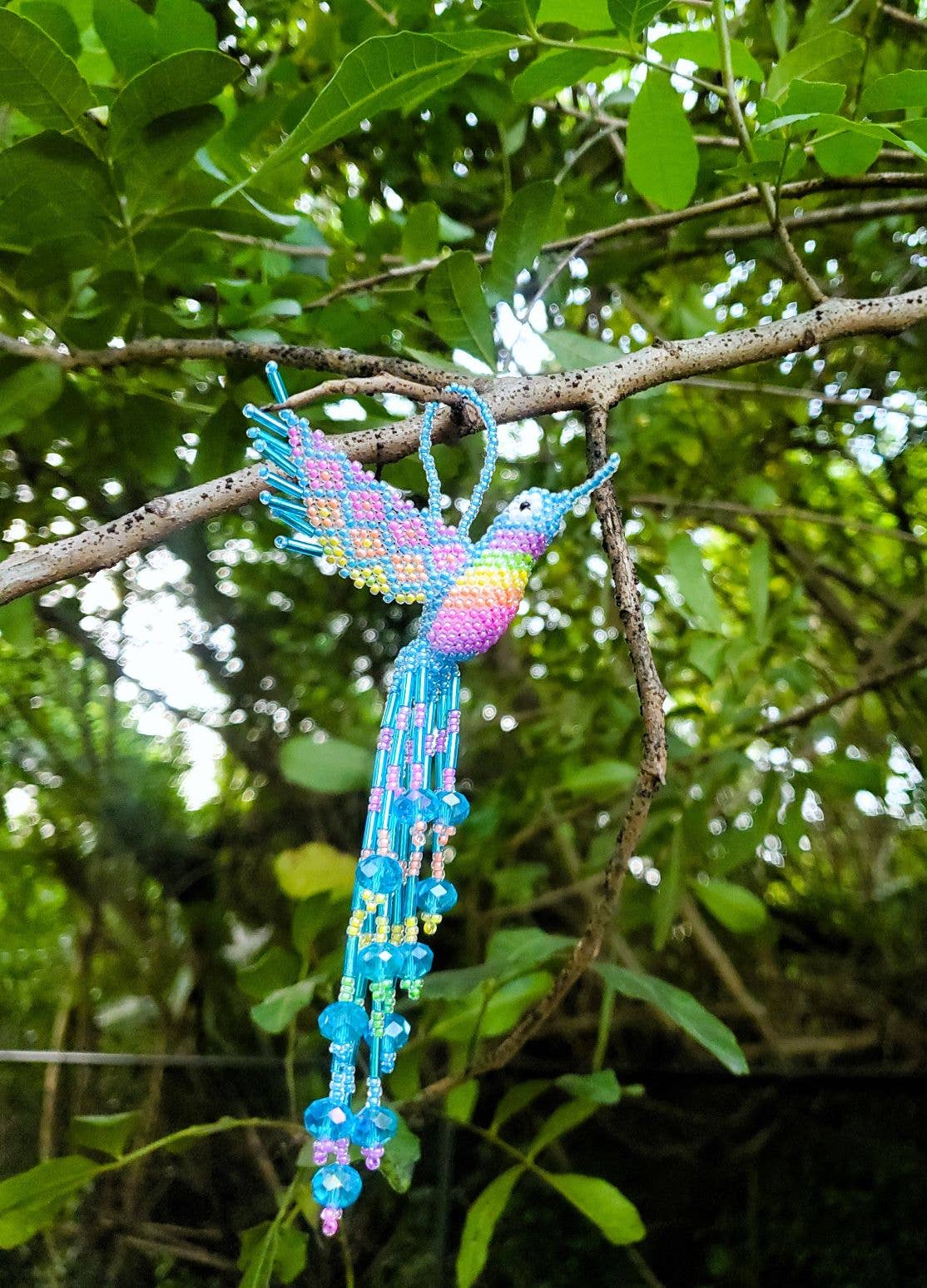 Beaded Hummingbird Ornament Seed Bead Figurine Fringe Dangle