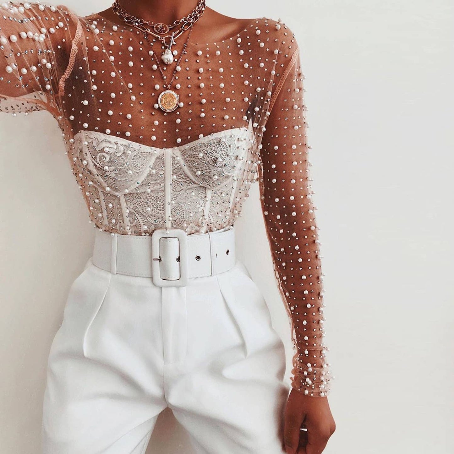 Pearl Rhinestone Sheer Mesh Top Nude RCJY05529