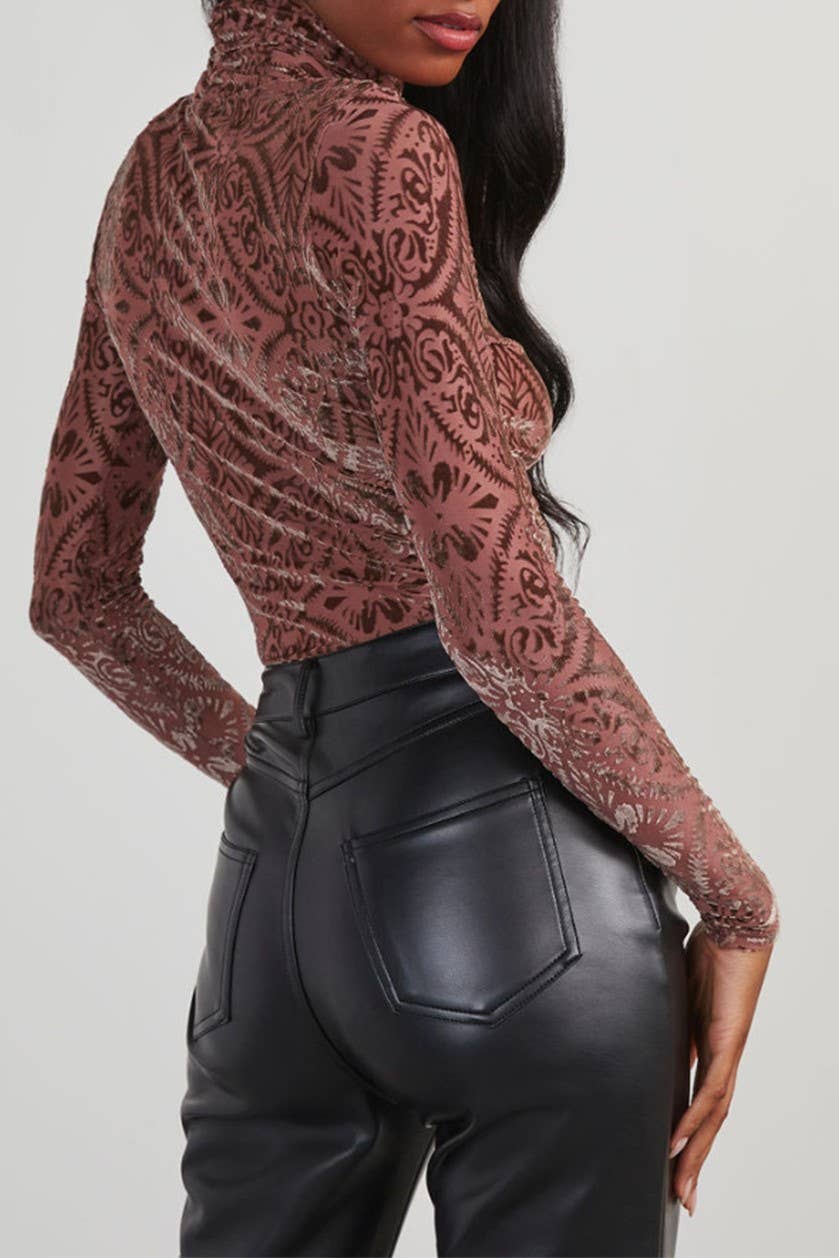 Velvet Burnout Turtleneck Top Burgundy RCJY03223