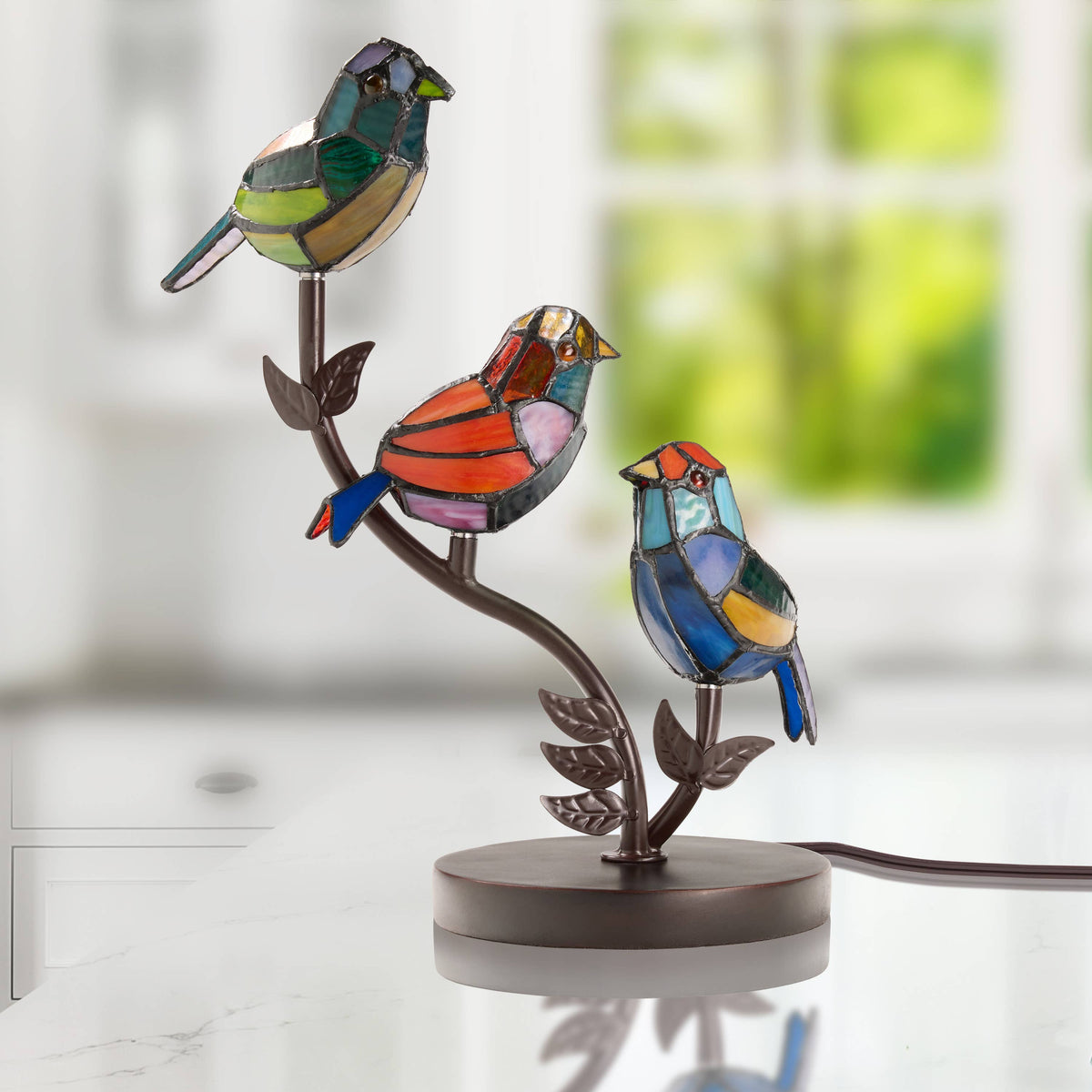 15" Tiffany-Style Stained Glass Triple Bird Table Lamp 3BIRD