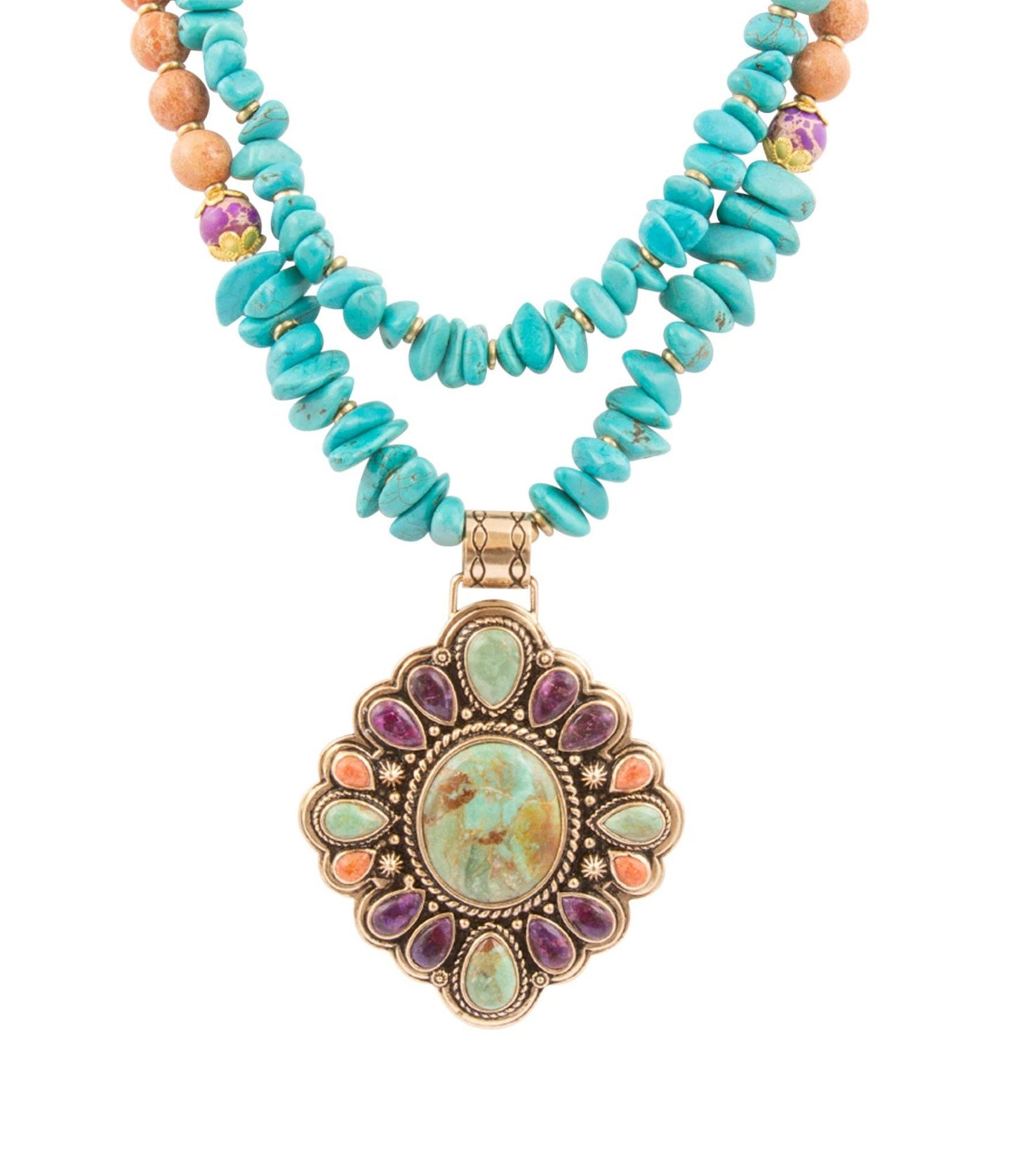 Prescott Blue Turquoise Purple and Orange Statement Pendant Golden Necklace PRSCN01PMUB