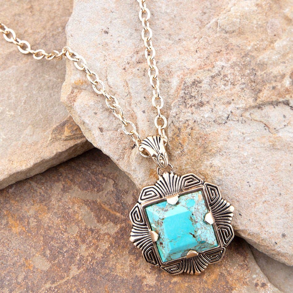 Blue Turquoise Square Golden Pendant Necklace NEFEN03T01B