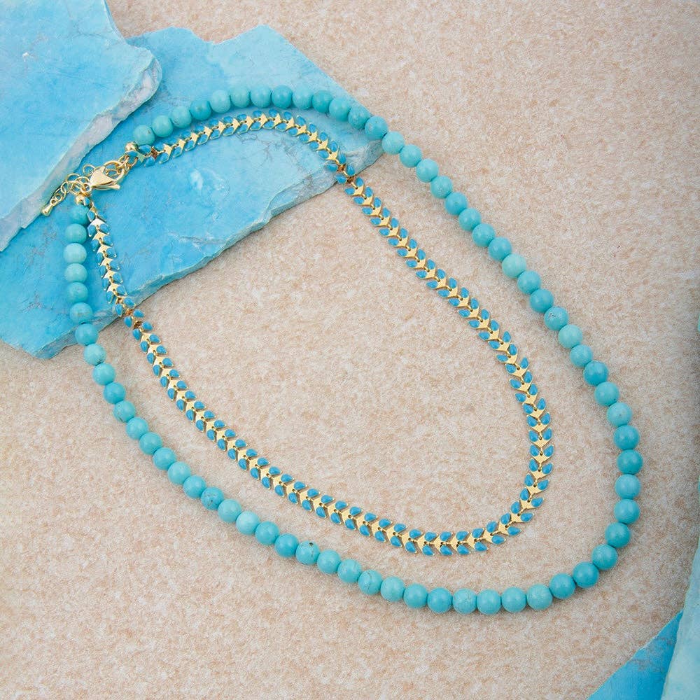 Blue Turquoise Magnesite Layers Golden Chevron Necklace POMGN05B