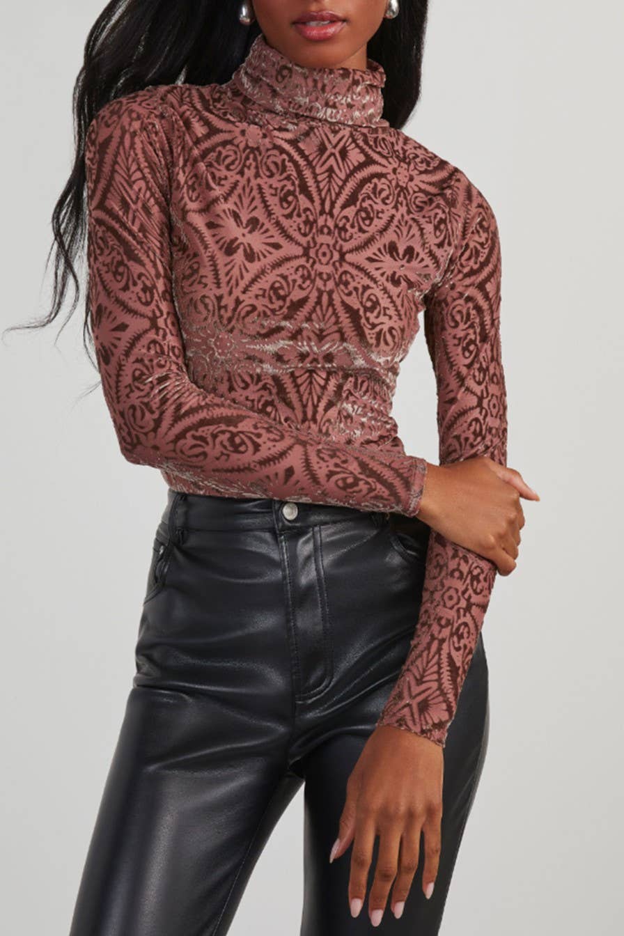 Velvet Burnout Turtleneck Top Burgundy RCJY03223