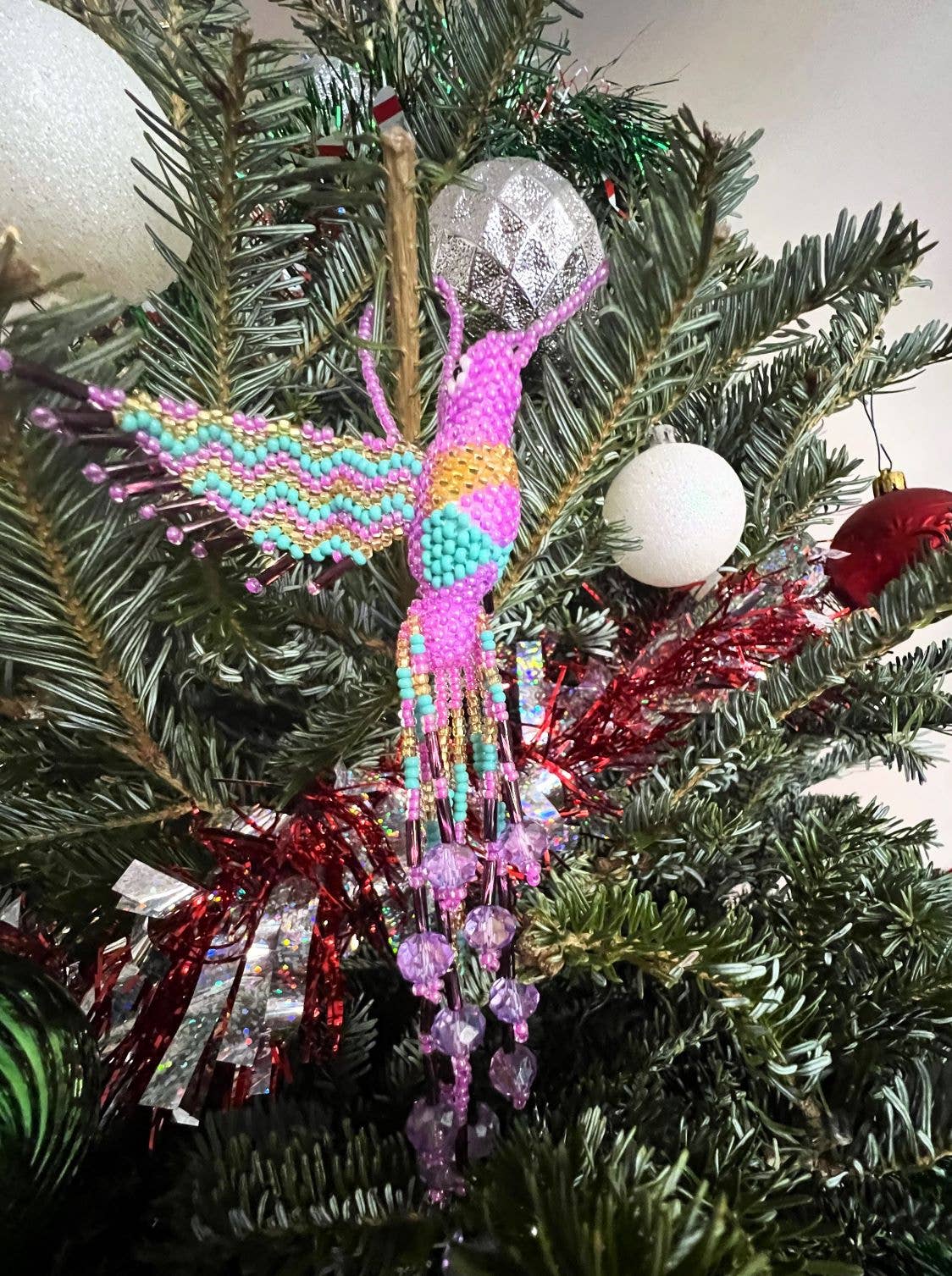 Beaded Hummingbird Ornament Seed Bead Figurine Fringe Dangle