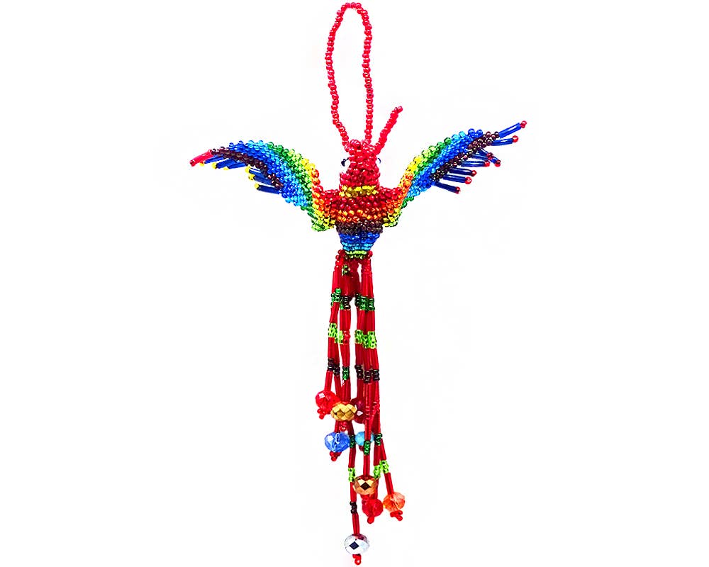 Beaded Hummingbird Ornament Seed Bead Figurine Fringe Dangle