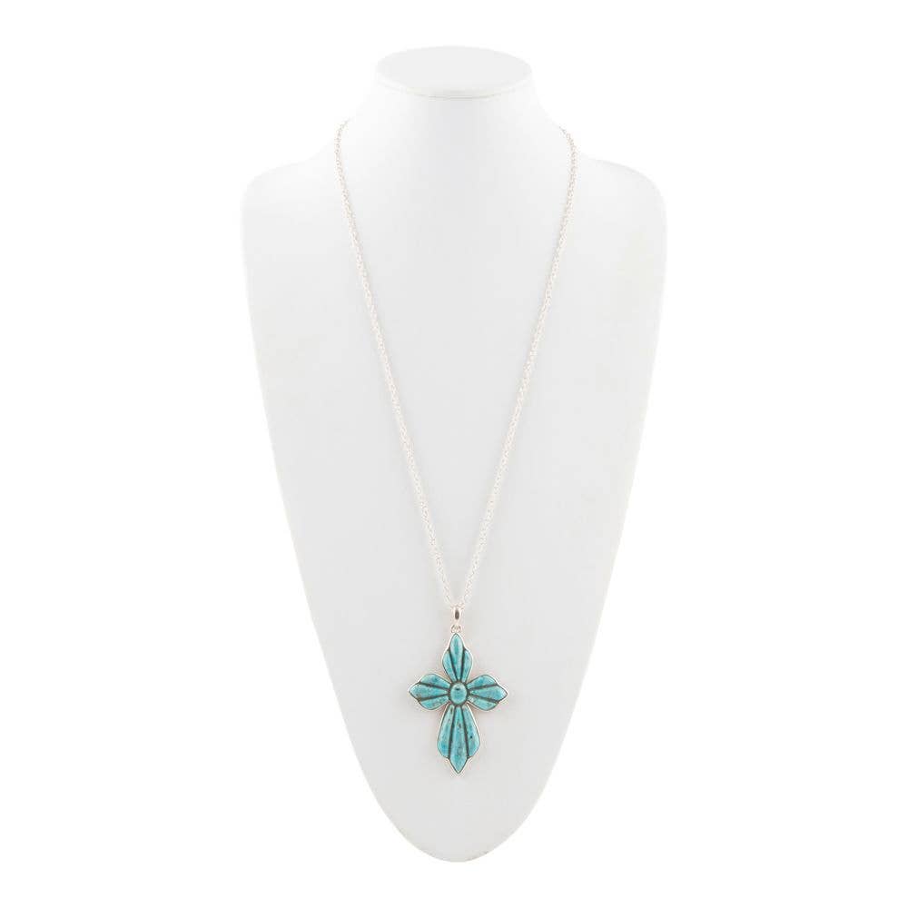 Blue Turquoise Cross Pendant Sterling Silver Necklace EXCLN15T