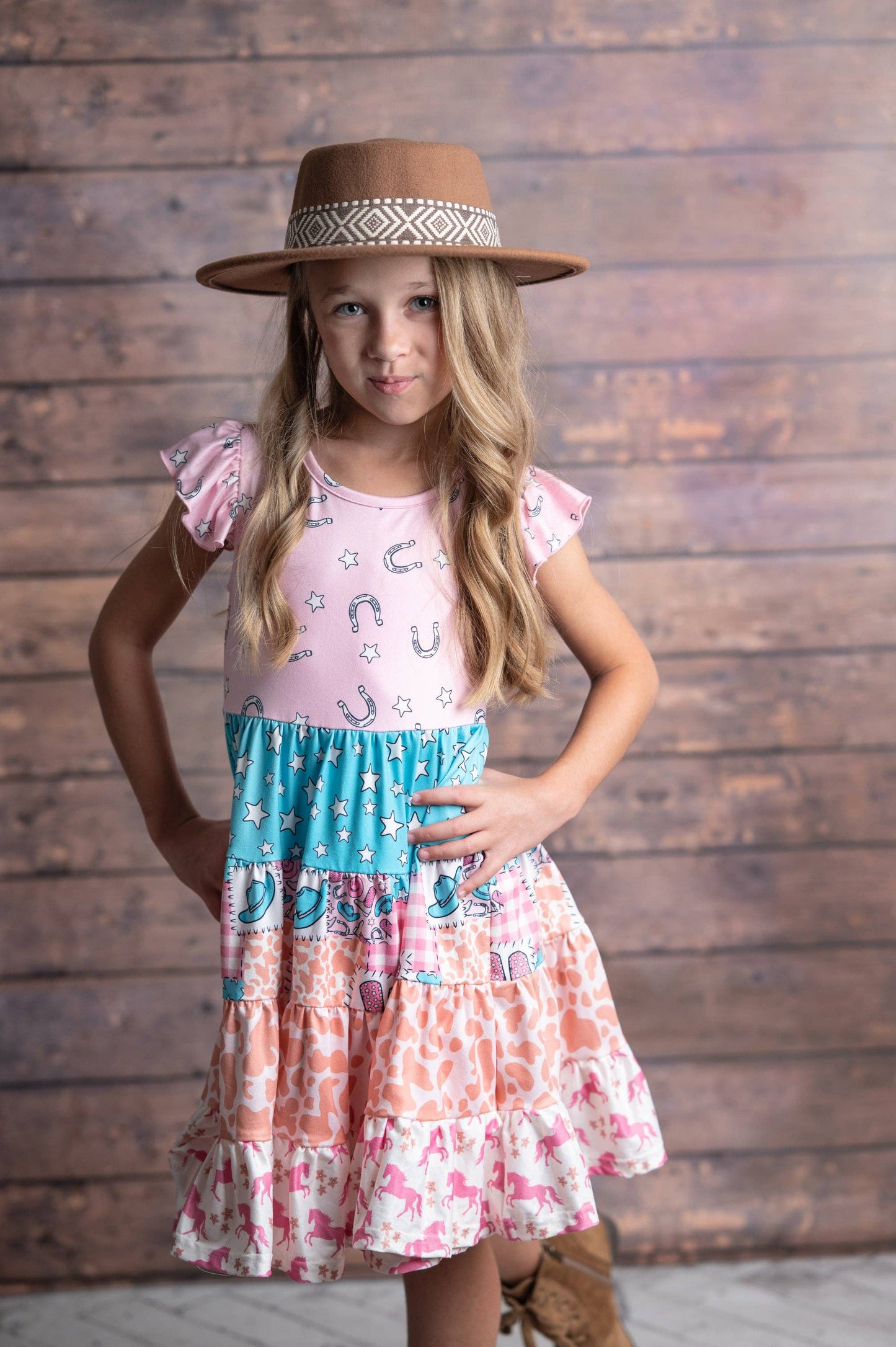 Girls Pink Blue Cowgirl Ruffle Tiered  Dress 26102100186
