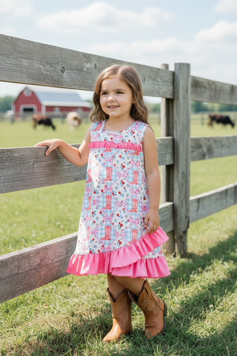 Western boot printed dress with fuchsia ruffle hem DRG61163