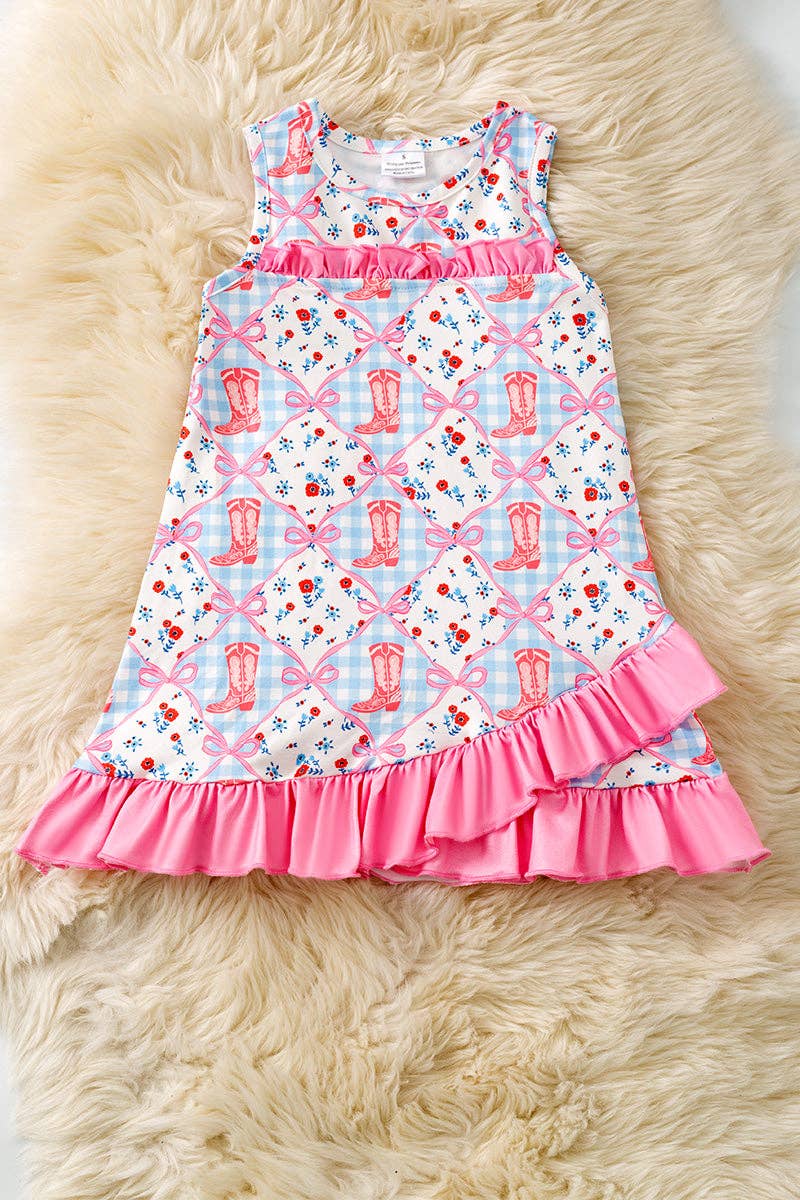 Western boot printed dress with fuchsia ruffle hem DRG61163