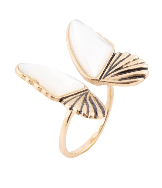 White Mother of Pearl Golden Butterfly Statement Ring BTFLR01MOP9B