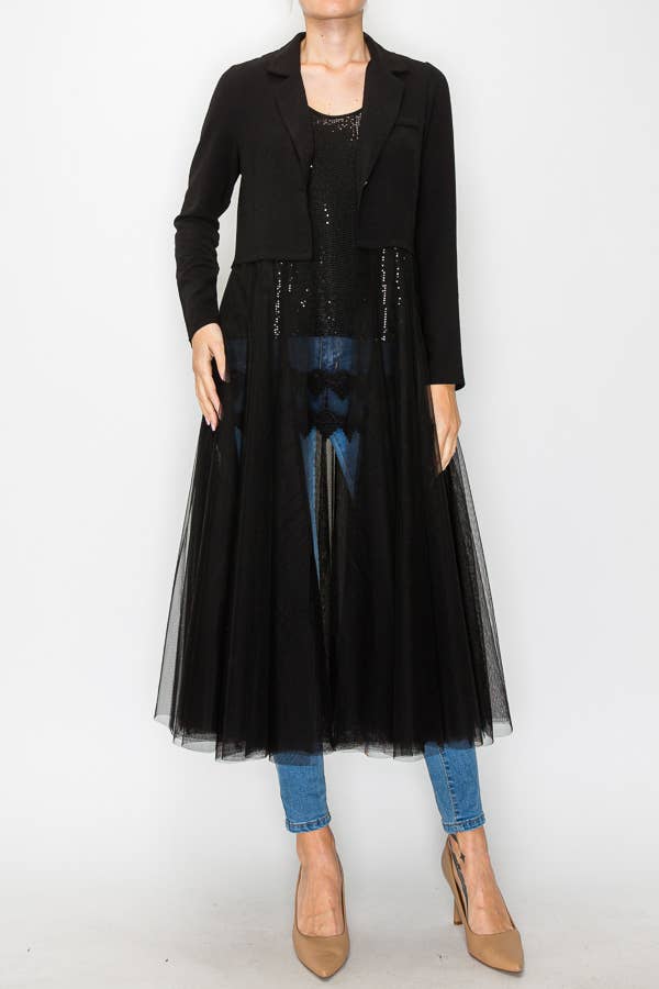 Contrast Blazer Jacket w/ Mesh Tulle -OLS4773 BLACK