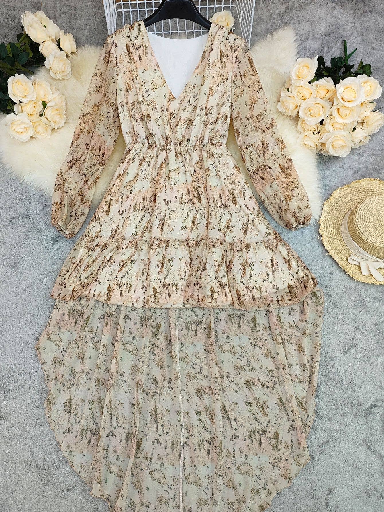 V-Neck Floral Printed Bohemian Layered Dress RCXL05627