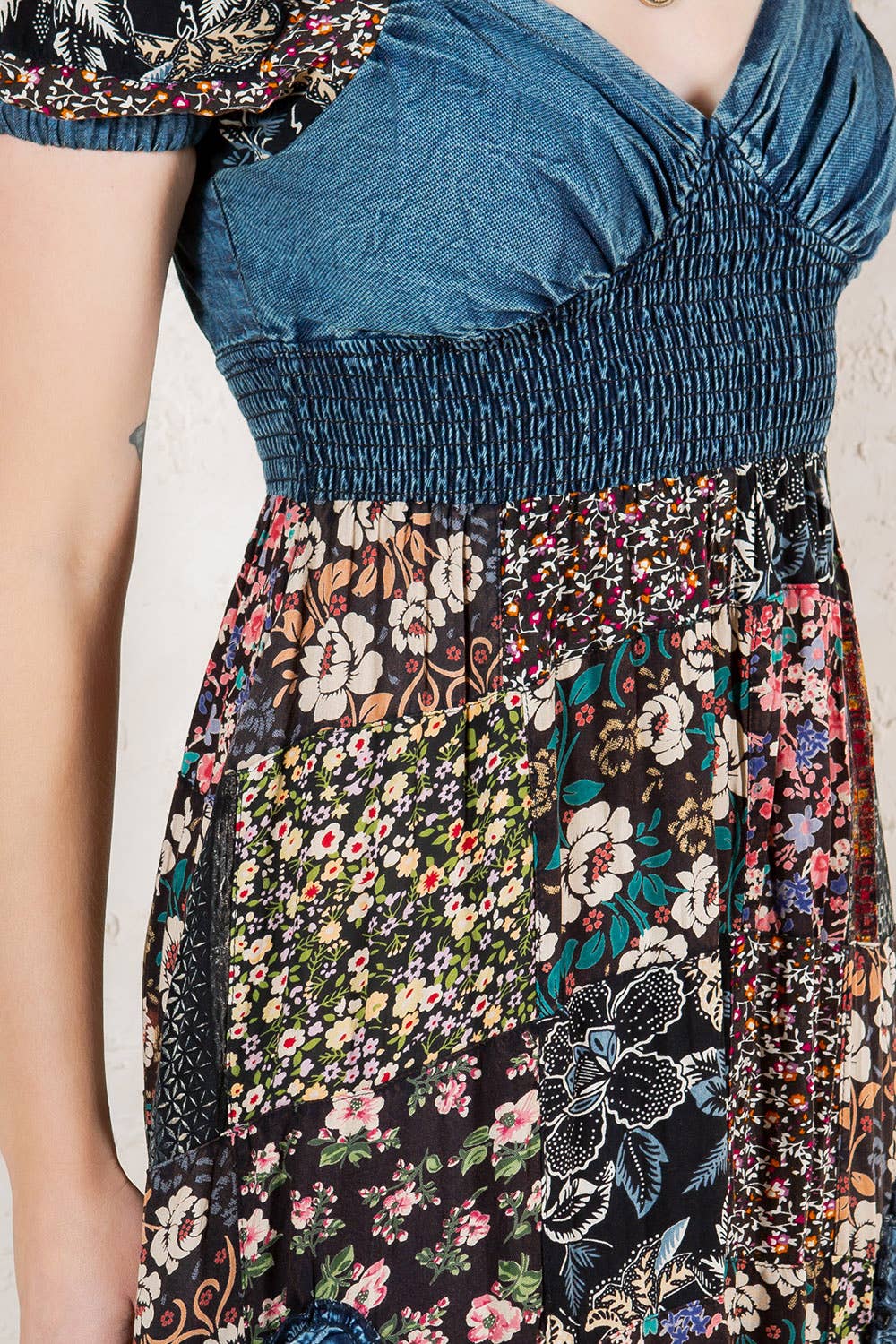 Ruffled Asym Hem Midi Dress with Denim Inserts DR44661