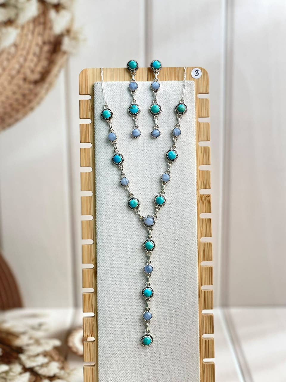 Blue Lace and Muhave and White Buffalo Necklace and Earrings LACE9J0263