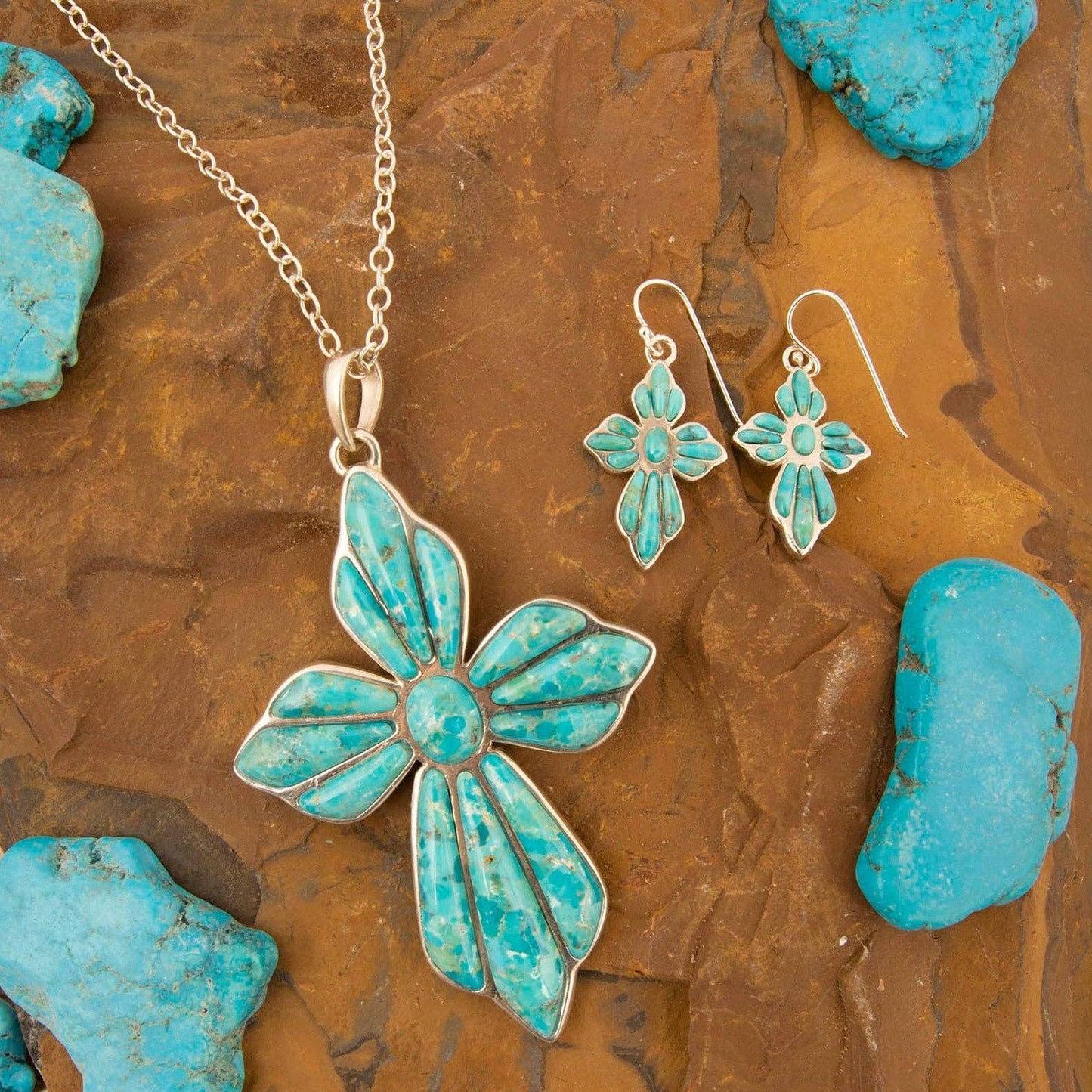 Blue Turquoise Cross Silver Drop Earrings EXCLE293T01P