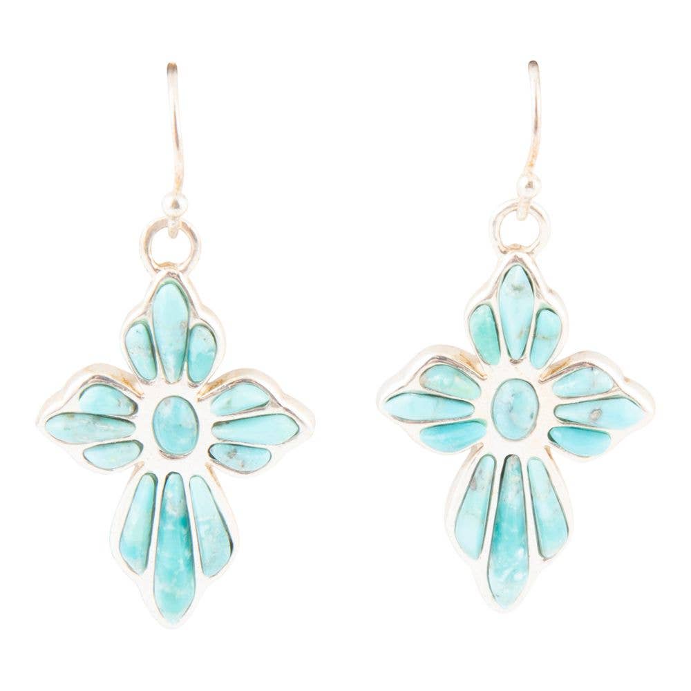 Blue Turquoise Cross Silver Drop Earrings EXCLE293T01P