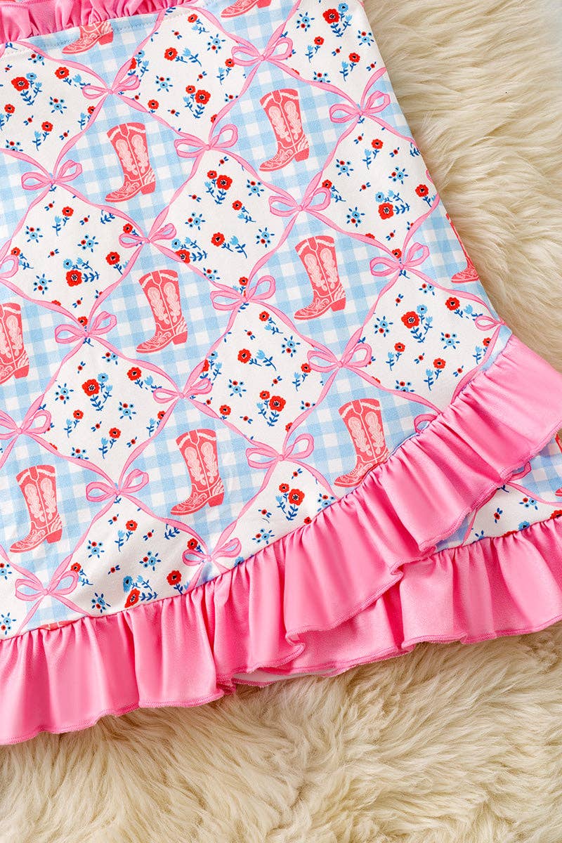Western boot printed dress with fuchsia ruffle hem DRG61163