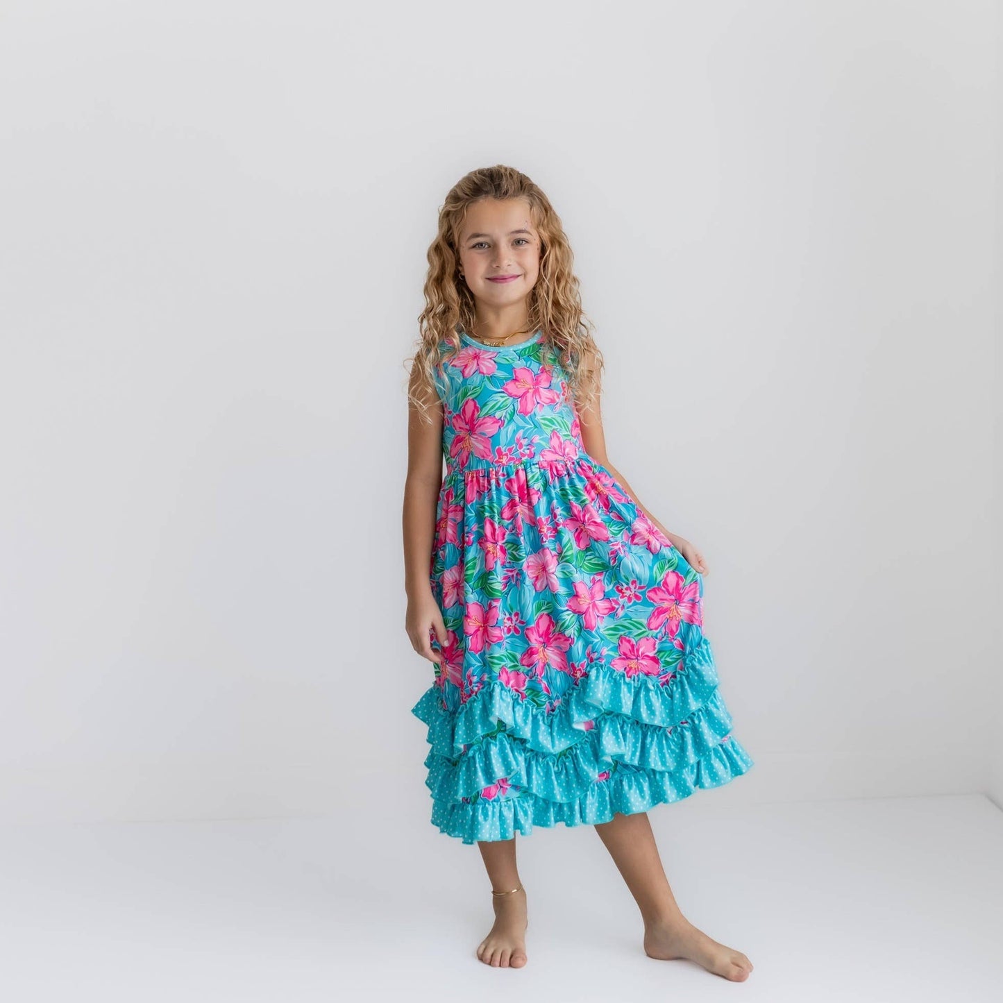 Kids Pink Blue Tropical 3 Ruffle Spring Summer Easter Dress 117522018
