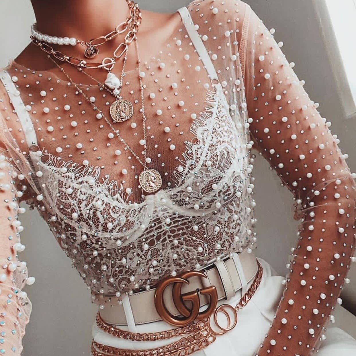 Pearl Rhinestone Sheer Mesh Top Nude RCJY05529