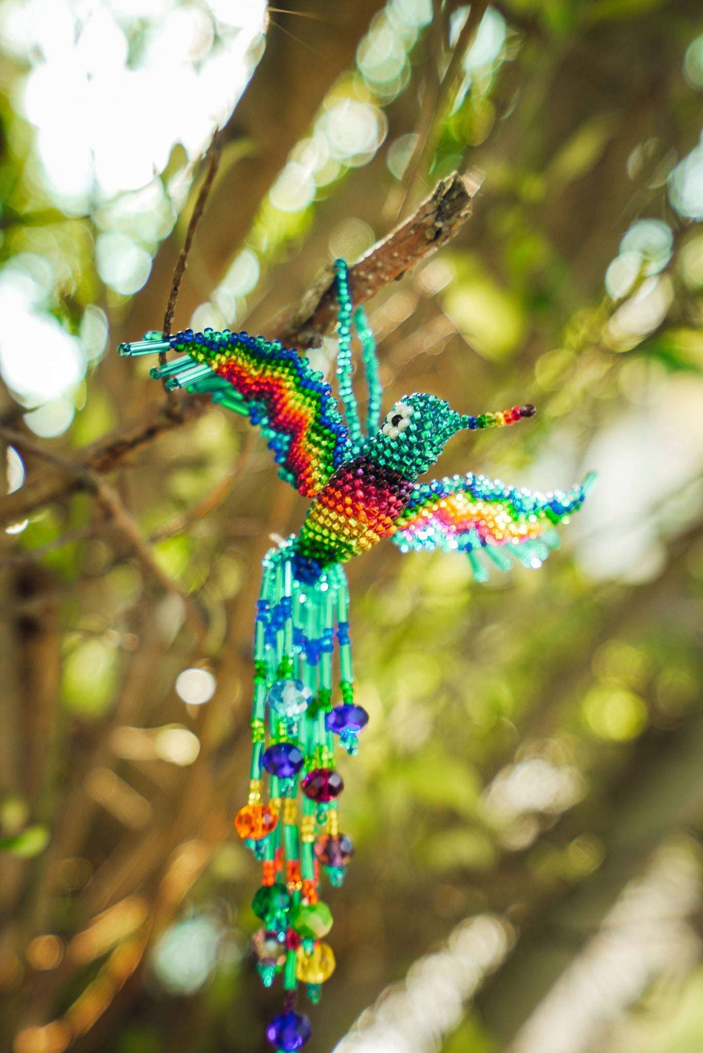 Beaded Hummingbird Ornament Seed Bead Figurine Fringe Dangle