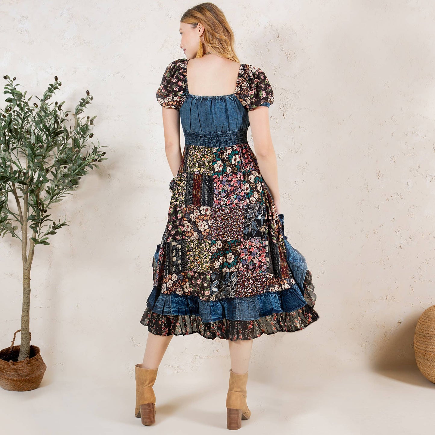 Ruffled Asym Hem Midi Dress with Denim Inserts DR44661