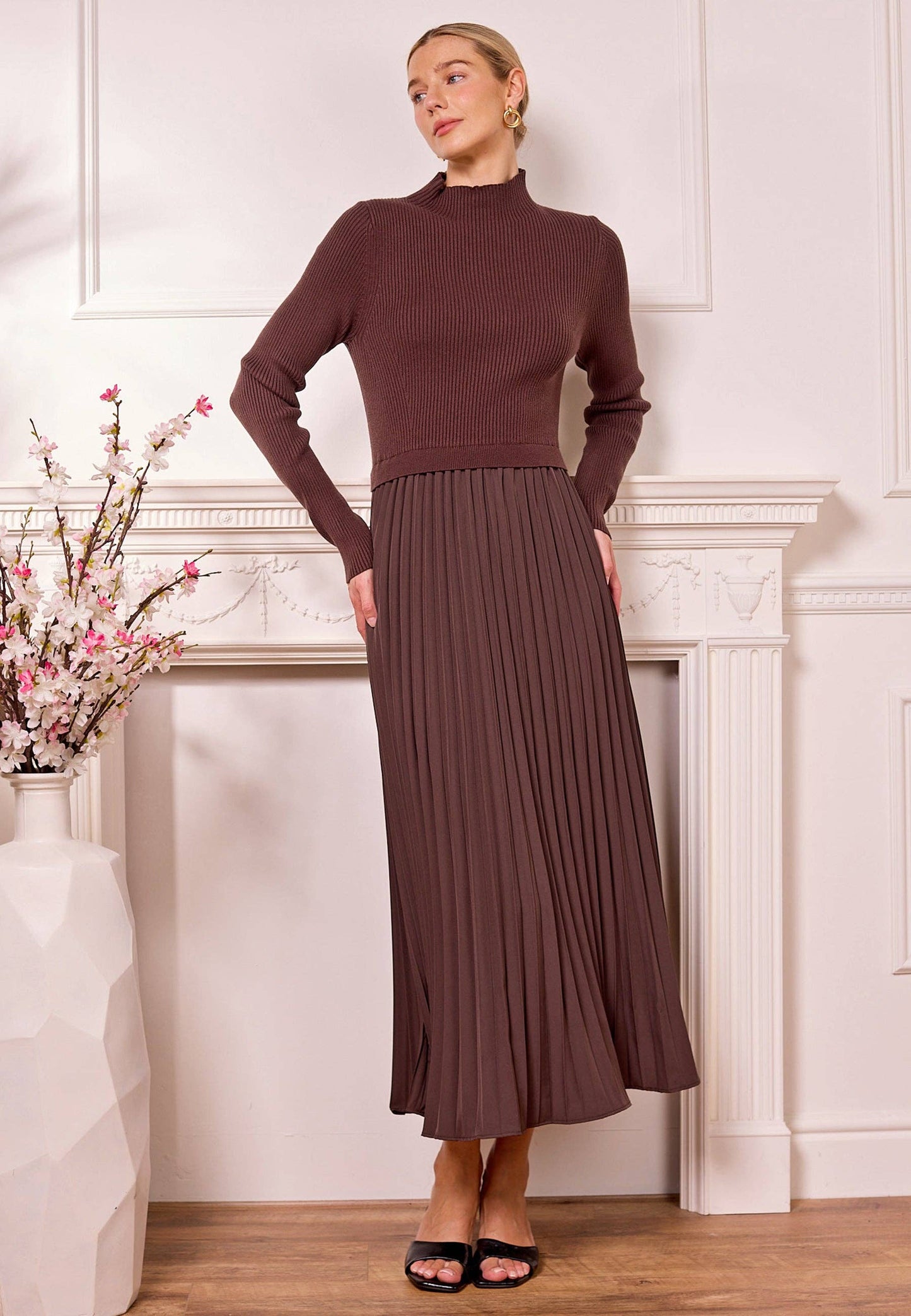 Knit Top and Pleated Skirt Maxi Dress in Brown