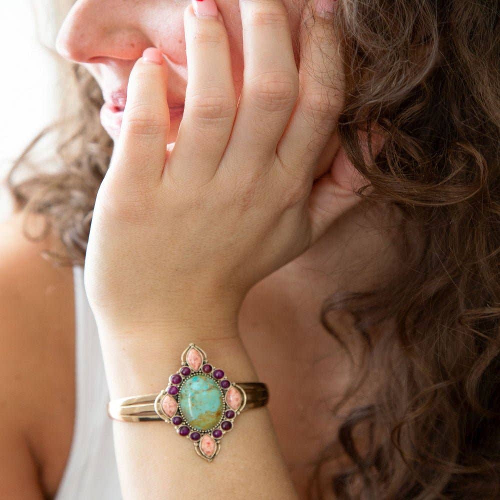 Regalia Blue Turquoise Purple and Orange Coral Golden Cuff Bracelet REGLB02