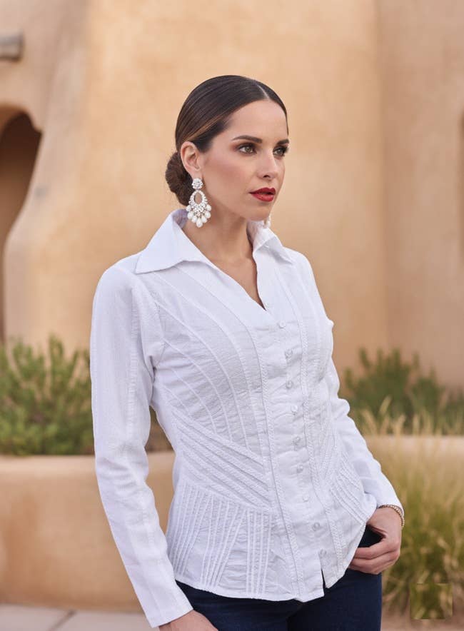 Cotton Blouse Slim-Fit with Contour Stretch Panel LS256