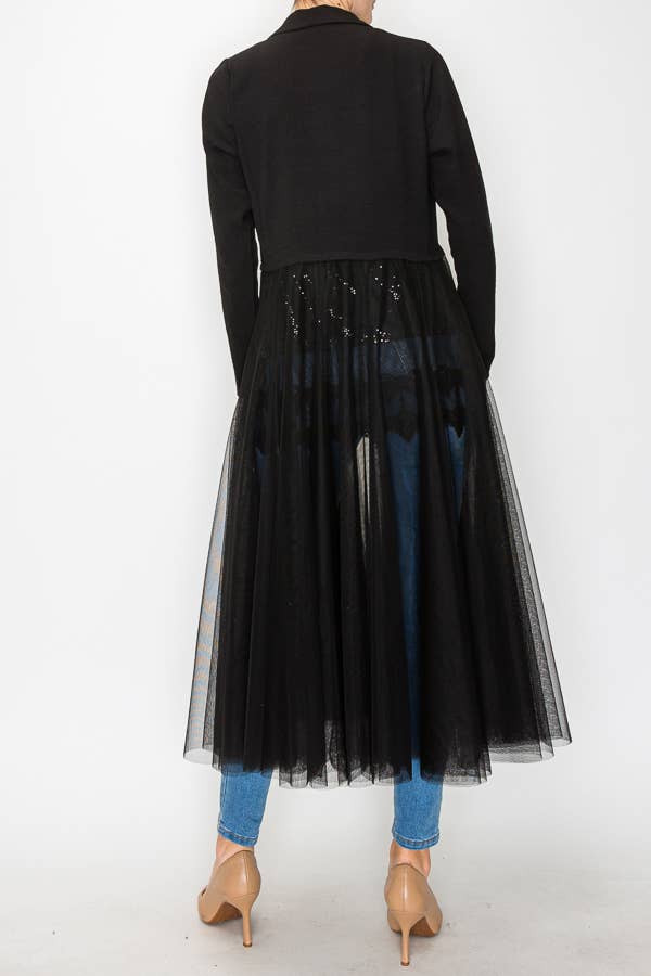 Contrast Blazer Jacket w/ Mesh Tulle -OLS4773 BLACK