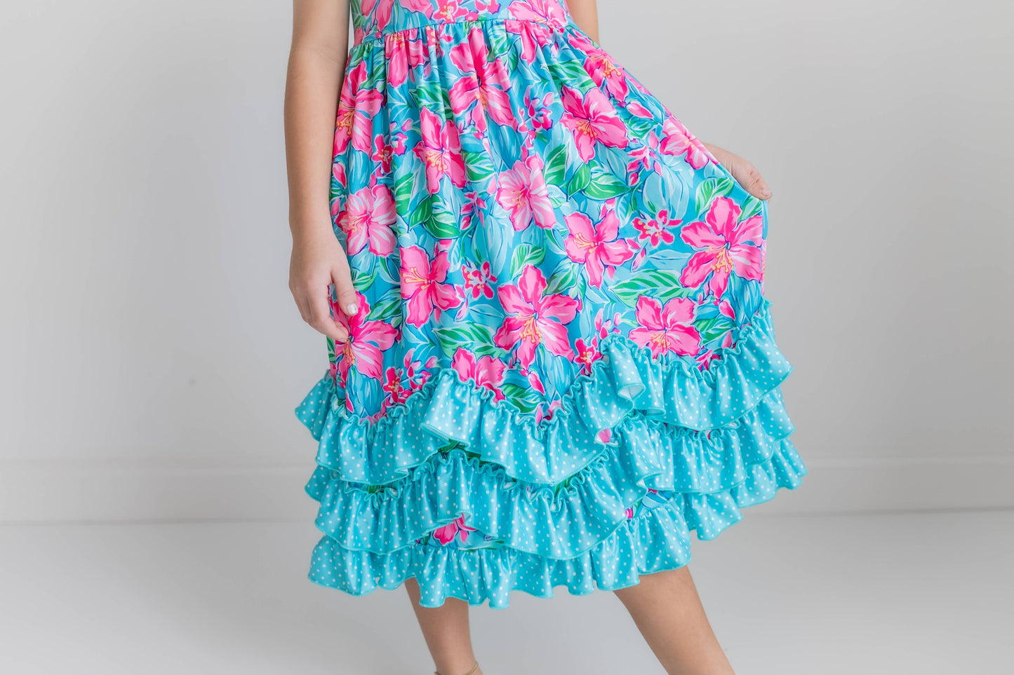 Kids Pink Blue Tropical 3 Ruffle Spring Summer Easter Dress 117522018
